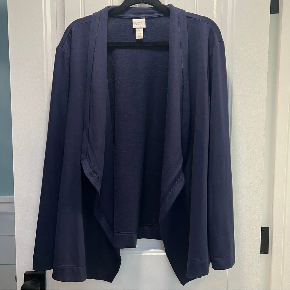 Weekends by‎ Chicos Navy Open Drape Front Long Sleeved Cardigan. Size 3.